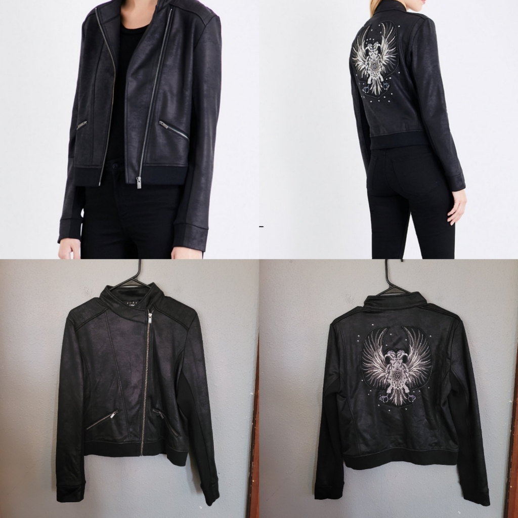 The Kooples Sport Faux Leather Moto Jacket Eagle Embroidered Women's Size Medium